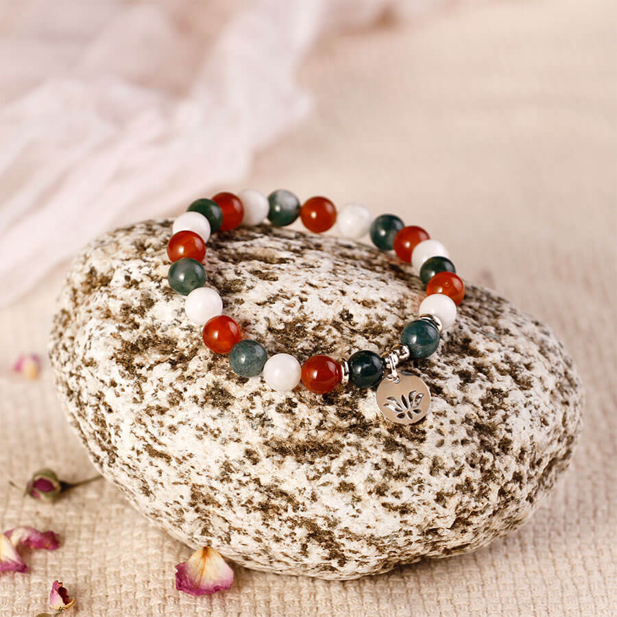 Moss Agate,Red Agate,Moonstone With Lotus Bracelet