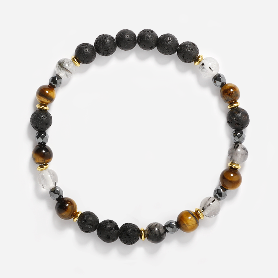 Lava Stone,Black Rutilated Quartz & Tiger's Eye Bracelet