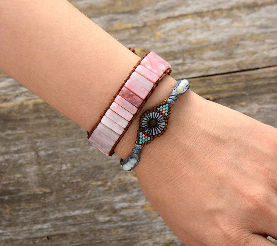 Rosamie Pink Opal Stone Leather Bracelet - youwows