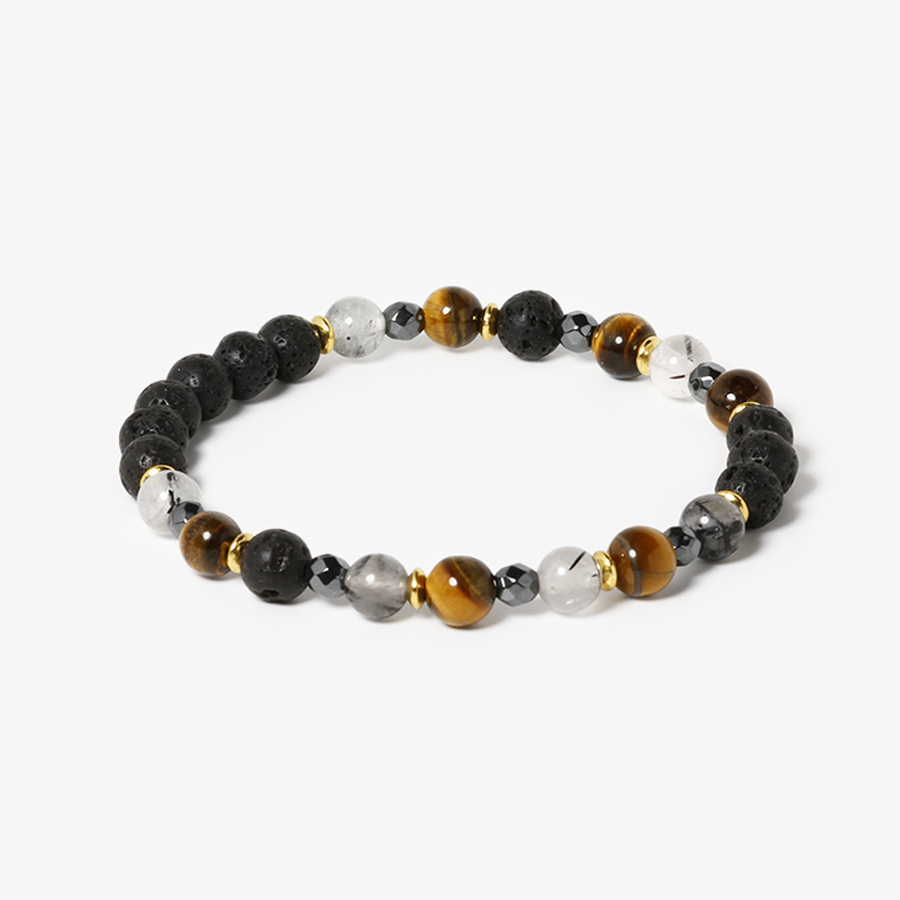 Lava Stone,Black Rutilated Quartz & Tiger's Eye Bracelet