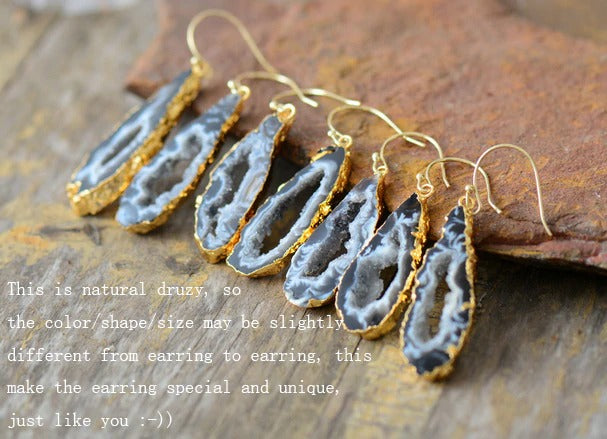 Natural Sliced Grey Druzy Geode Earrings - youwows