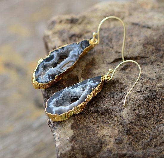 Natural Sliced Grey Druzy Geode Earrings - youwows