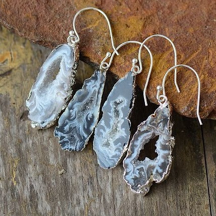 Natural Sliced Grey Druzy Geode Earrings - youwows